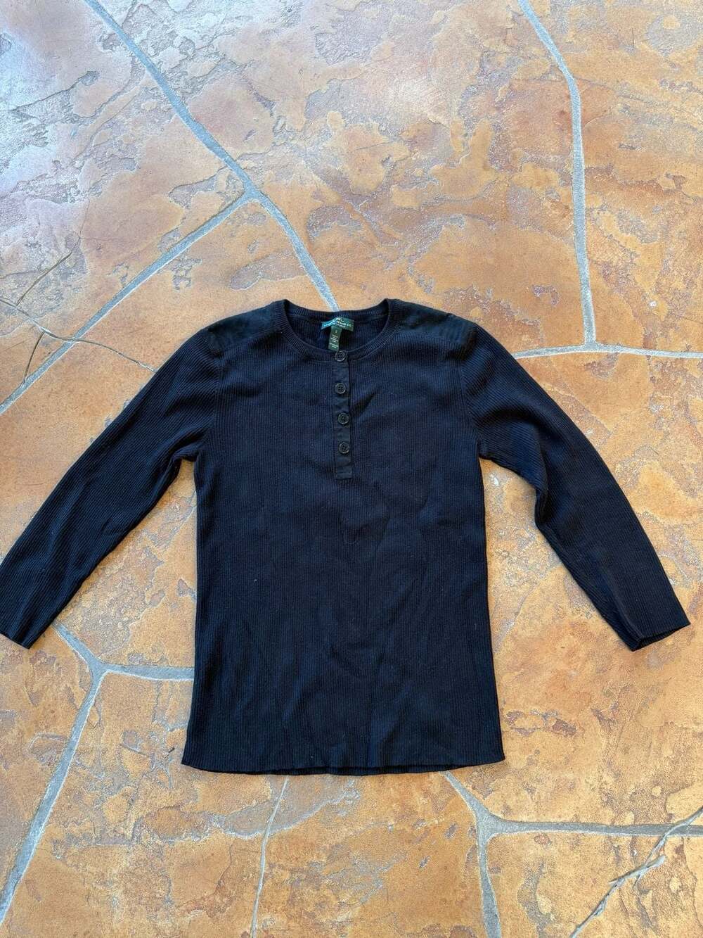 Lauren Jeans Co. Ralph Lauren Henley Size S Black Ribbed Cotton Top
